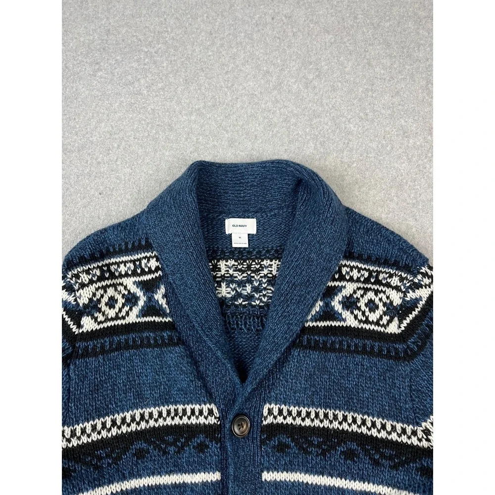 Old Navy Cardigan Mens XL Blue Fair Isle Shawl Collar Wool Blend Sweater